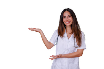 Female doctor presenting medical information, smiling nurse introducing healthcare concept with open hands, transparent background