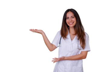 Female doctor presenting medical information, smiling nurse introducing healthcare concept with open hands, transparent background