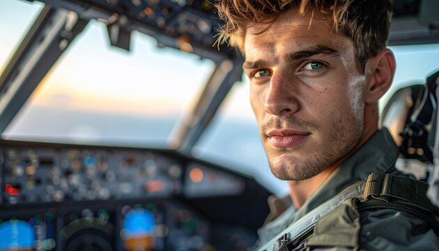 Pilot cockpit at sunset.