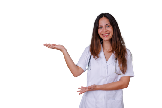Female doctor presenting medical information, smiling nurse introducing healthcare concept with open hands, transparent background