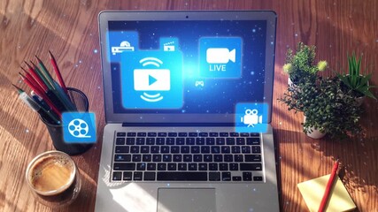 Multimedia technology with video, audio, photo and streaming icons representing digital media, communication and online platforms in a modern multimedia world. Gist - Powered by Adobe