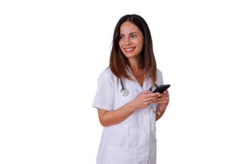 Female doctor smiling while holding smartphone and stethoscope, offering modern healthcare, telehealth and consulting online