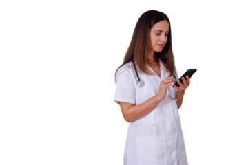 Female doctor using mobile phone, looking at screen, working with medical app, technology in healthcare, transparent background