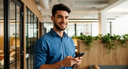Smiling young professional man using a smartphone in a modern office. Happy millennial male in a casual business setting.