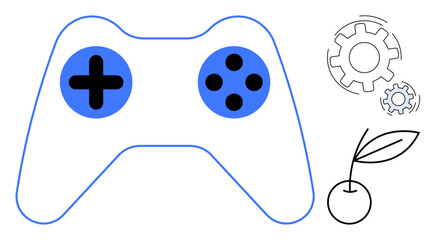 Gaming controller with buttons, spinning gears, and simple cherry illustration. Ideal for gaming, technology, creativity, entertainment, digital interaction leisure and playful themes. Simple flat