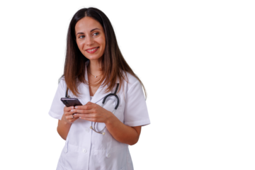 Female doctor or medical professional using smartphone, providing telemedicine consultation and digital healthcare services, transparent background