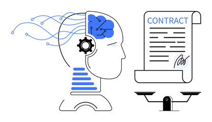 AI head with circuits, gears, legal contract, and scales of justice. Ideal for law, ethics, AI technology, decision-making automation innovation digital transformation. Simple flat metaphor