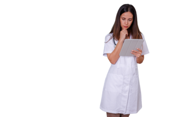 Female doctor thinking while using a digital tablet, analyzing patient data, transparent background