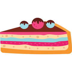 Slice of layered cake with chocolate frosting and pink and blue cream filling topped with chocolate balls and sprinkles on a brown crust on a transparent background