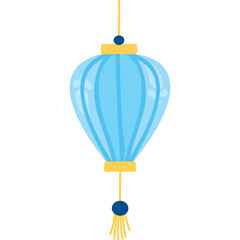 Sky Blue Traditional Lantern with Yellow Accents and Tassels Isolated on White Background with Transparent Overlay