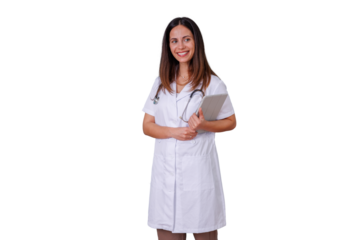 Young woman doctor or nurse specialist smiling, standing, holding tablet, wearing white uniform lab coat, stethoscope, transparent background