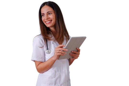 Medical professional woman smiling while using a digital tablet for healthcare data, transparent background