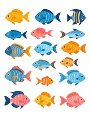 Fototapeta premium Collection of colorful cartoon fish swimming in a clear ocean.