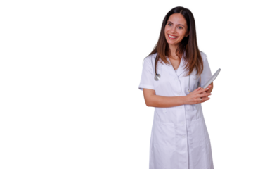 Smiling woman doctor holding digital tablet and wearing white coat with stethoscope, healthcare professional