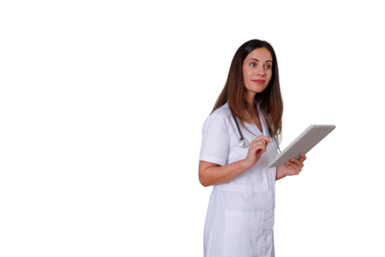 Female doctor or medical professional using digital tablet for modern healthcare technology and patient care management - Powered by Adobe