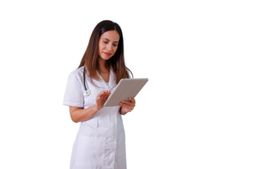 Healthcare professional checking electronic medical records on a tablet for health support and innovative medical technology
