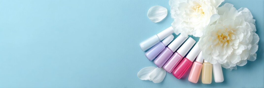 Panoramic horizontal web banner with pastel nail polish bottles and white peony flowers on blue background, spring manicure beauty concept with copy space for text
 - Powered by Adobe