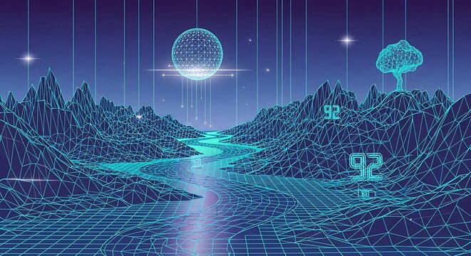 Futuristic digital landscape with grid, river, mountains, and glowing elements.