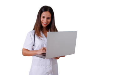 Female doctor smiling while using a laptop, representing digital healthcare, telemedicine, and medical consultation online