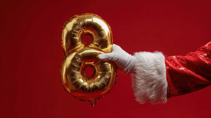 Santa claus hand holding a golden number 8 balloon for the twelve days of christmas