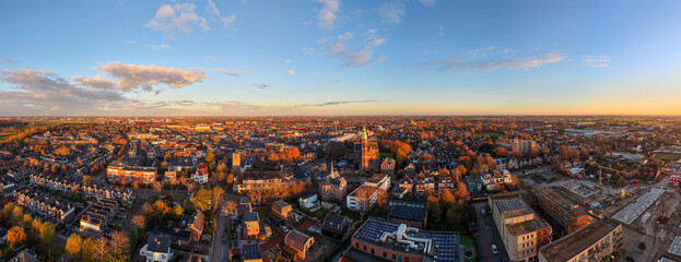 Drone autumn panoramic photo of Lisse, the Netherlands (with St. Agathakerk in the center)