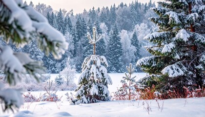 A serene winter forest scene with snow-covered trees and frosted pine branches, showcasing the peaceful beauty of nature.