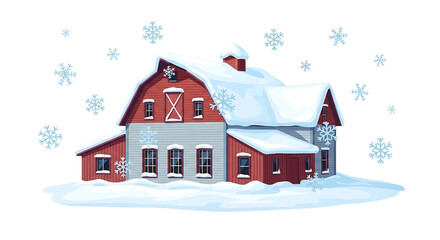 Charming snow-covered barn illustration surrounded by light blue snowflakes against white background.