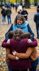 Fototapeta premium Four female figure embrace each other. Warm hug in autumn, concept of friendship, support, love, family bond and connection in outdoor surrounding