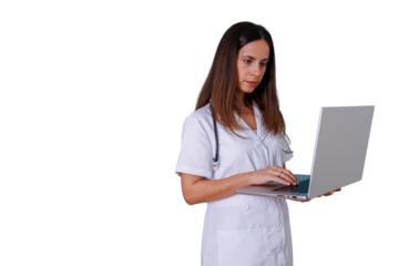 Female doctor using laptop, focusing on telemedicine, online consultation, and digital healthcare services