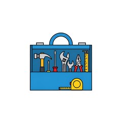 Blue Toolbox with Various Hand Tools for Repair and Construction.