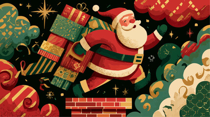 Santa climbing chimney with giant gifts and decorative stars for festive gift packaging and holiday branding