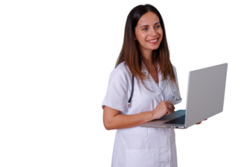 Doctor woman smiling, using a laptop, representing digital healthcare, online medicine, and telehealth on transparent background