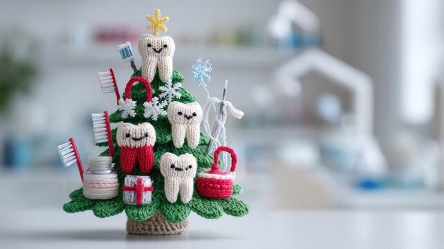 Festive crochet christmas tree with tooth and dental ornaments