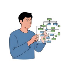 Man Interacting with Complex Flowchart Diagram on Transparent Screen.