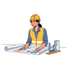 Female Engineer in Hard Hat and Safety Vest Reviewing Blueprints on Construction Site.