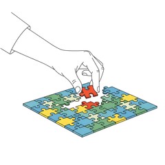 Hand placing the final red puzzle piece into a colorful jigsaw puzzle.