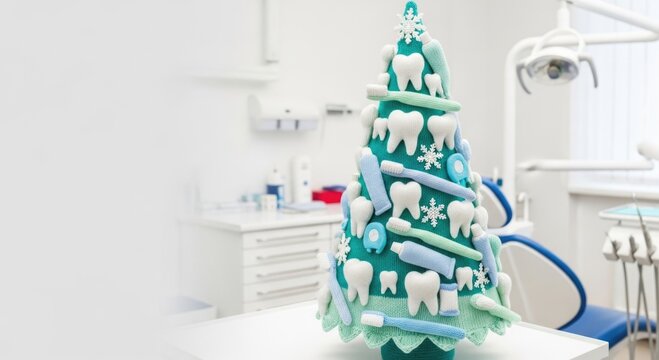 Dental-themed christmas tree with tooth and toothbrush ornaments in a dentist's office
