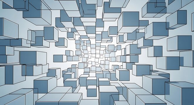 Abstract architectural perspective of floating cubes in a digital space.