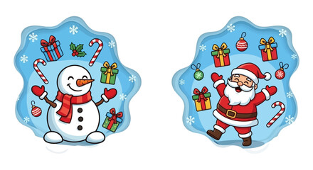 Festive Christmas Characters with Snowflakes, Santa, and Snowman Surrounded by Gifts