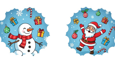 Festive Christmas Icons Snowman and Santa Claus with Holiday Decor