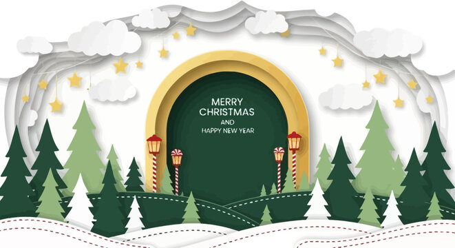 Christmas and New Year Scene with Green Fir Trees and Decoration