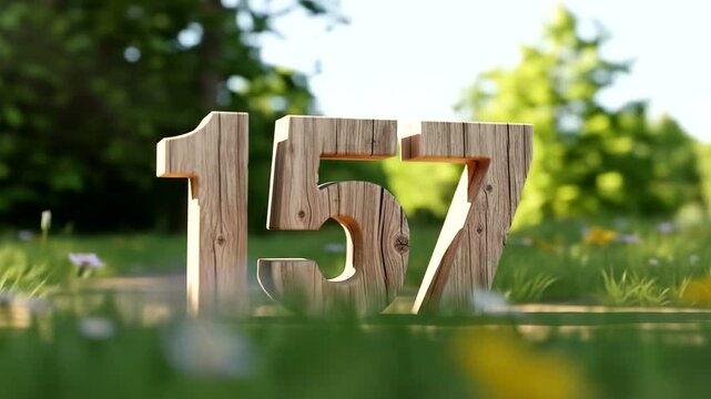 Wooden Number 157 Displayed Outdoors in Natural Setting.
