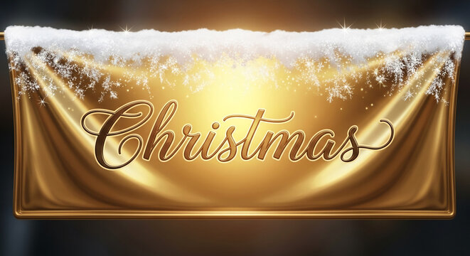 Golden banner with inscription Christmas, decorated with white snow and snowflakes. Symbolizes holiday, joy, and festive atmosphere, season's greetings