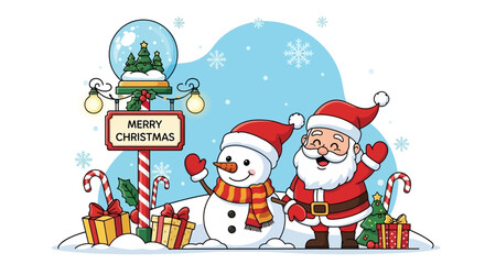 Festive Christmas Scene with Santa and Snowman Illustration