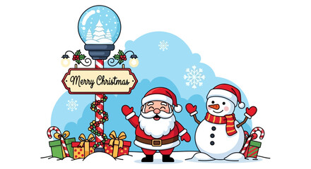 Festive Christmas Scene with Santa, Snowman, and Gift Boxes Illustration