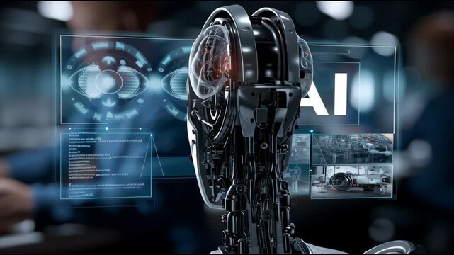 A collage of futuristic AI interface images showing digital data, holographic screens, and human hands interacting with virtual technology in a cyber-inspired environment.