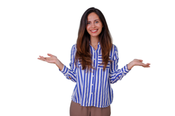 Smiling woman shrugging with open hands presenting, expressing uncertainty or offering choices, transparent background