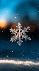 Macro Photography of a Single Real Snowflake Crystal Glowing on Blue Winter Background with Falling Snow and Warm Bokeh