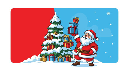 Santa Claus holding a stack of Christmas presents next to a snow-covered tree with gifts, against a split red and blue snowy background.