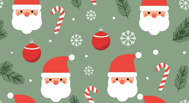 Festive Christmas pattern featuring Santa Claus faces, candy canes, ornaments, and snowflakes on a green background.